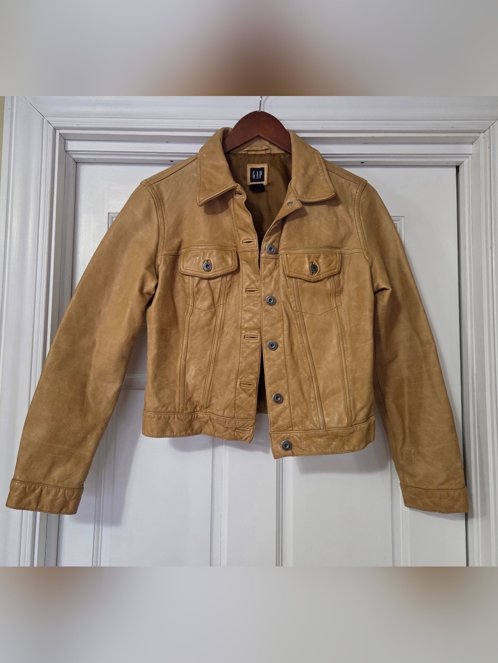 Vintage Y2K GAP Tan Leather Moto Trucker Weathered Jacket Women's Size Medium
